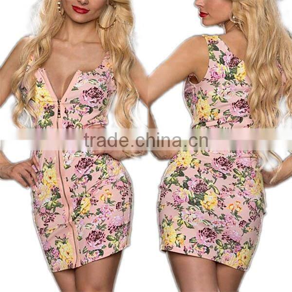 Floral Women Sexy Party Dress Sleeveless Slim Zipper Cocktail Bodycon Mini Dress
