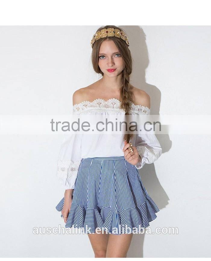 high waist summer girls blue and white stripe ruffle mini skirt models