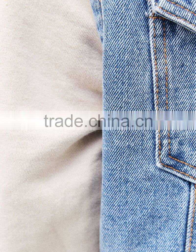 2017 wholesale plain denim jacket mens with contrast hooded sweatshirt