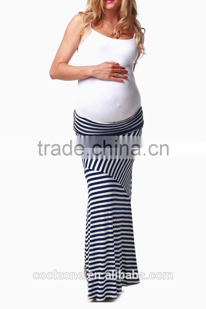 Fold over waistband navy blue white print maternity long skirts