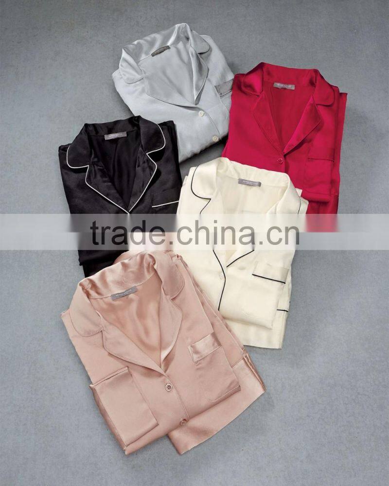 Highest quality ladies elegant night sleeping shirts and pants wear stain long sleeves pajamas set wholesale