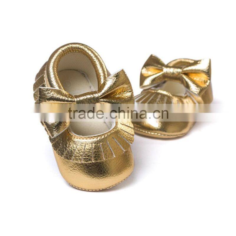 golden baby PU moccasins, bow design little girl moccasins