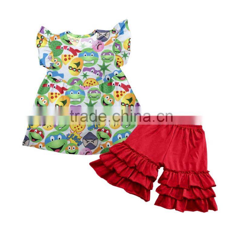 New design baby girl yellow top dress yellow ruffle floral print pants boutique clothing set