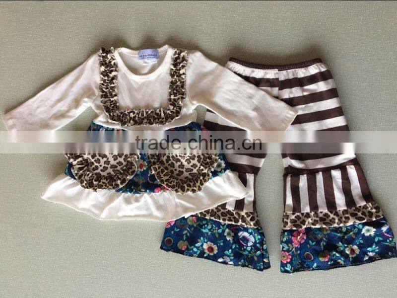 2017 new brown and white striped outfits with leopard sets stylish and ruffle pants