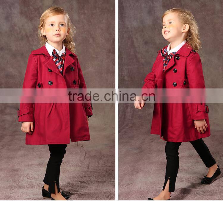 Latest fashion firls clothing double buckle long sleeve girls trench coat