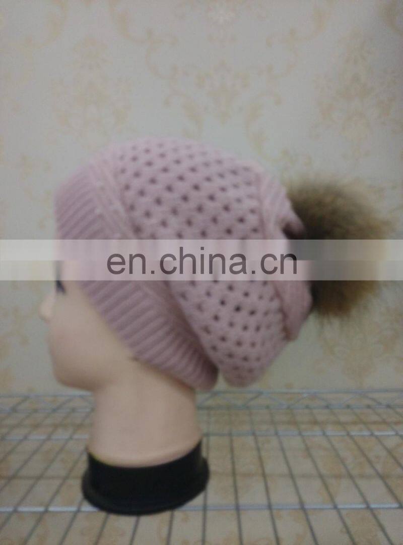 Real Wool Knitted With Raccoon Fur Pompom Beanie Hat Pretty Wool Knitted Raccoon Fur Ball hat