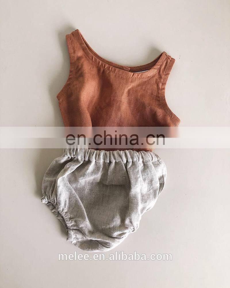 RTS Australia Hot Sale Baby Infant linen 2pcs Set Buttons Vest Tops Solid Bloomers Korean Girls Linen Outfits