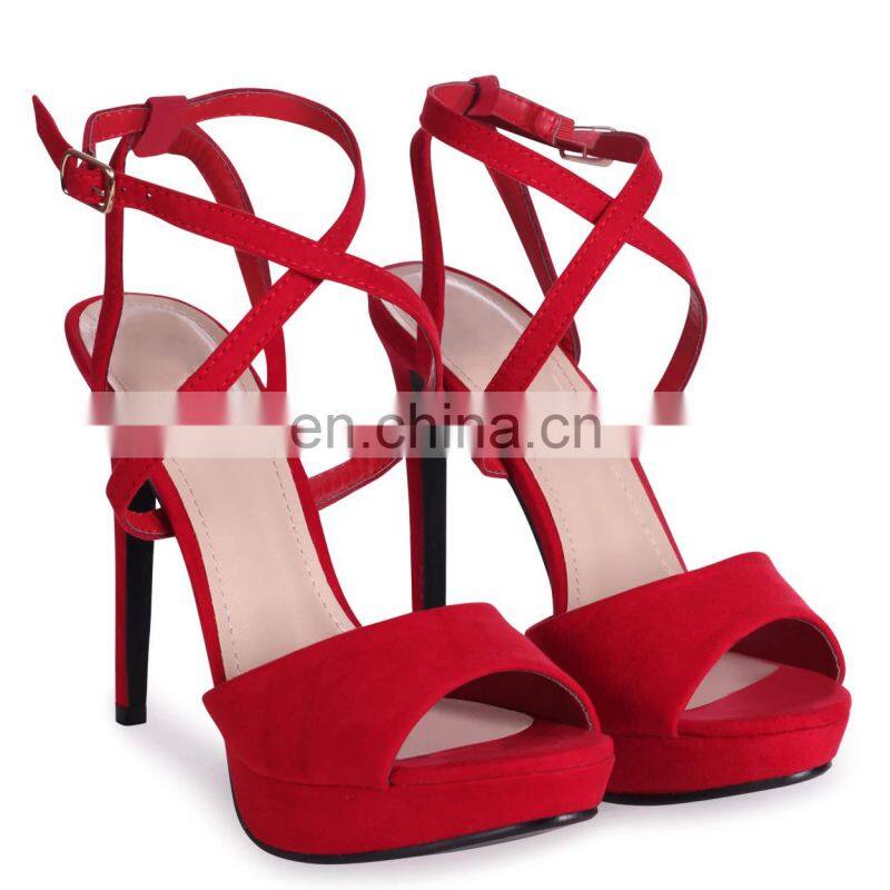 Red color high stiletto heeled women platform with crossover front strap ladies ankle strap shoes available in other colors