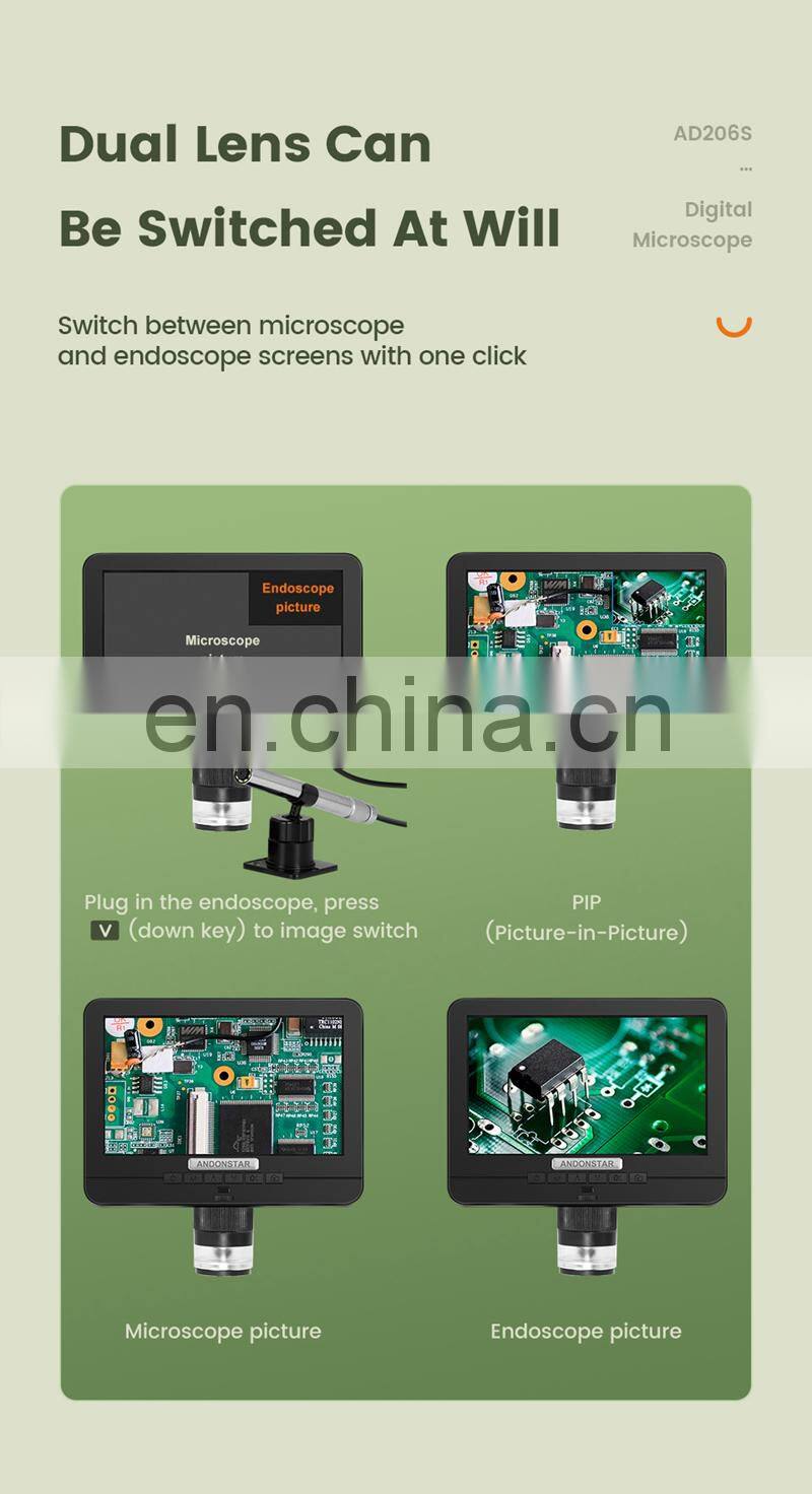 Andonstar AD206S 50X 2MP Industrial Digital Microscope with USB Endoscope Dual-Lens Display 7" Screen