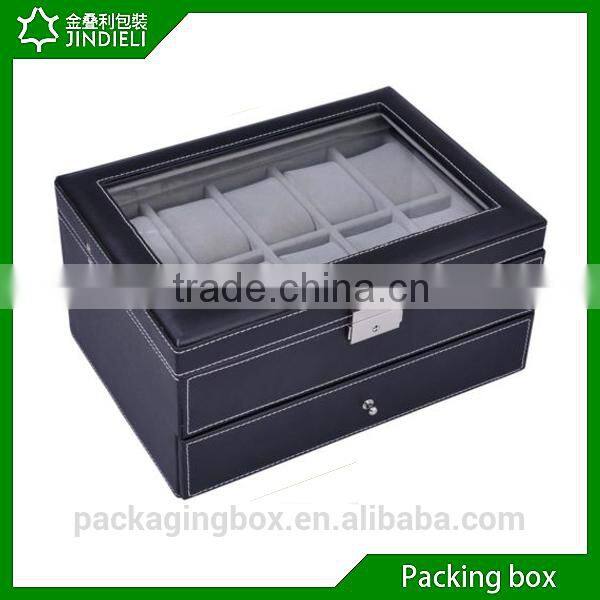 Acylic top genuine leather wrist watch display case men with drawer