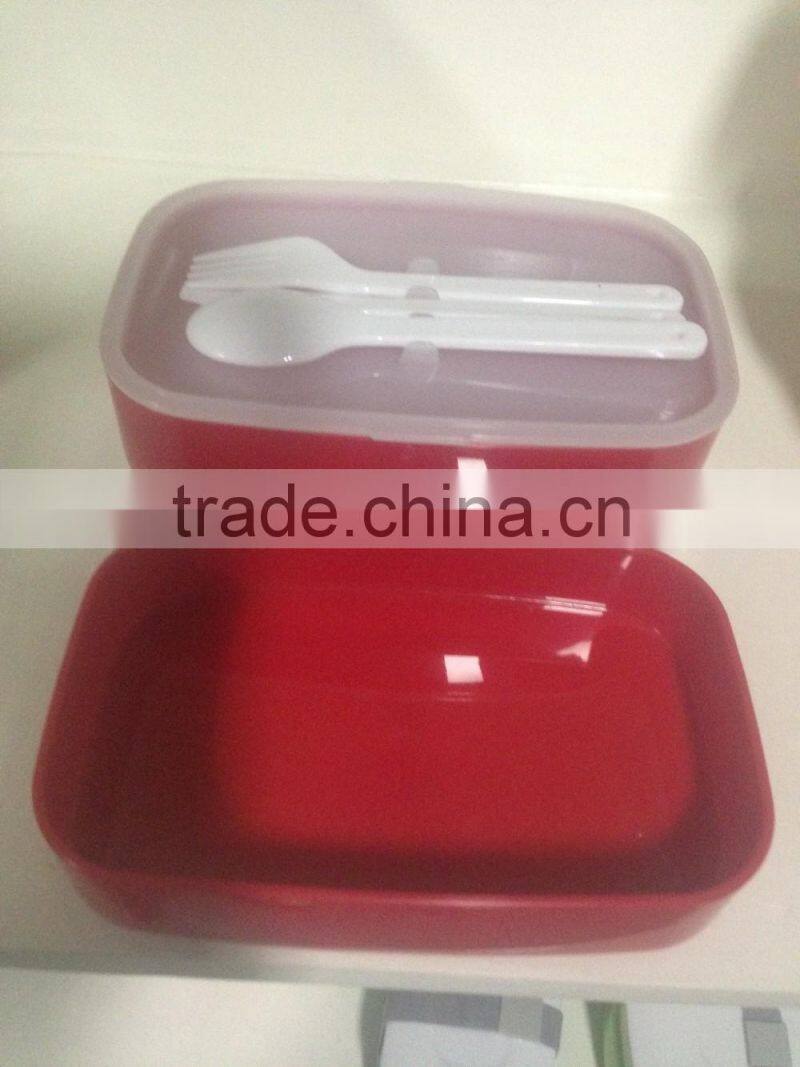 2016 Microwave Safe Double Layer Plastic Kid Bento Box with Band 2 compartmentPlastic Lunch box with Cutlery Set