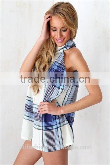 2015 Blue Cheque Playsuit jumpsuit shorts adult short jumpsuit
