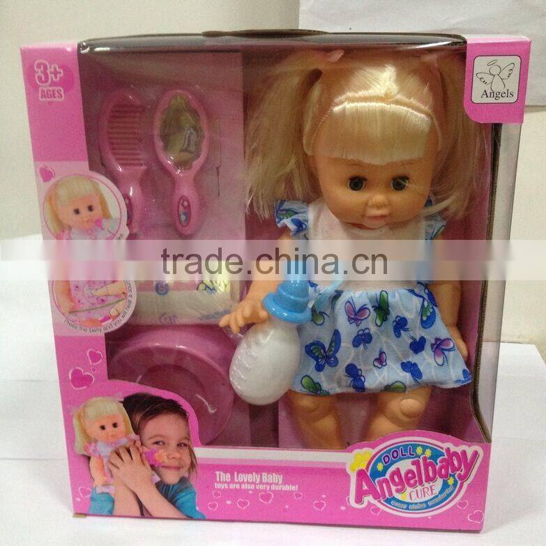Hot selling 14inch soft material doll set drinking peeing girl baby doll toy