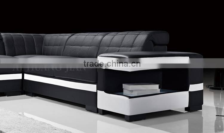 black cheap adjustable backrest sectional leather sofa set with storage and drawer