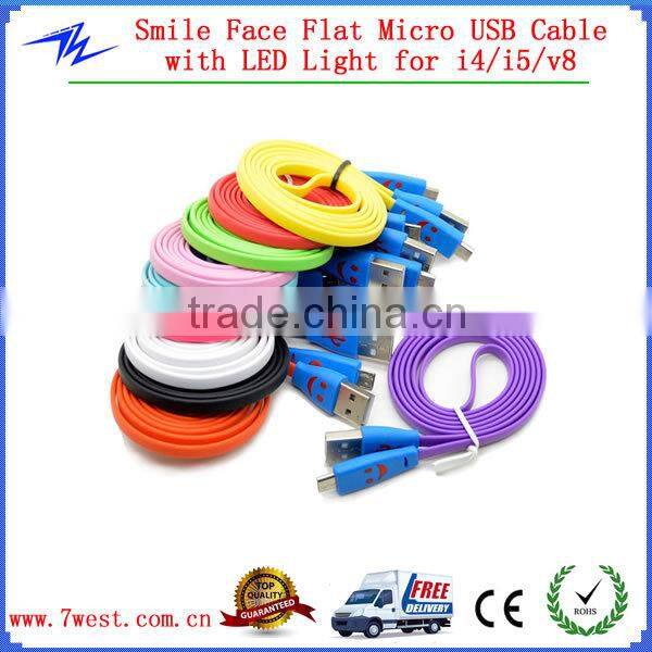 LED Light Flat Micro USB Data Sync Charger Charging Cable For Smart Phone