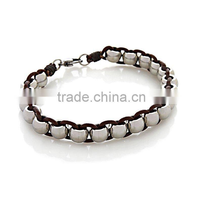 Men's Woven Leather and Stainless Steel Bead Bracelet