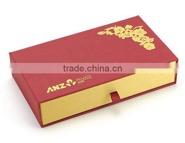 Custom Logo Gold Stamping Drawer Fabric Fancy Paper Red Packet Box with Lid Ribbon