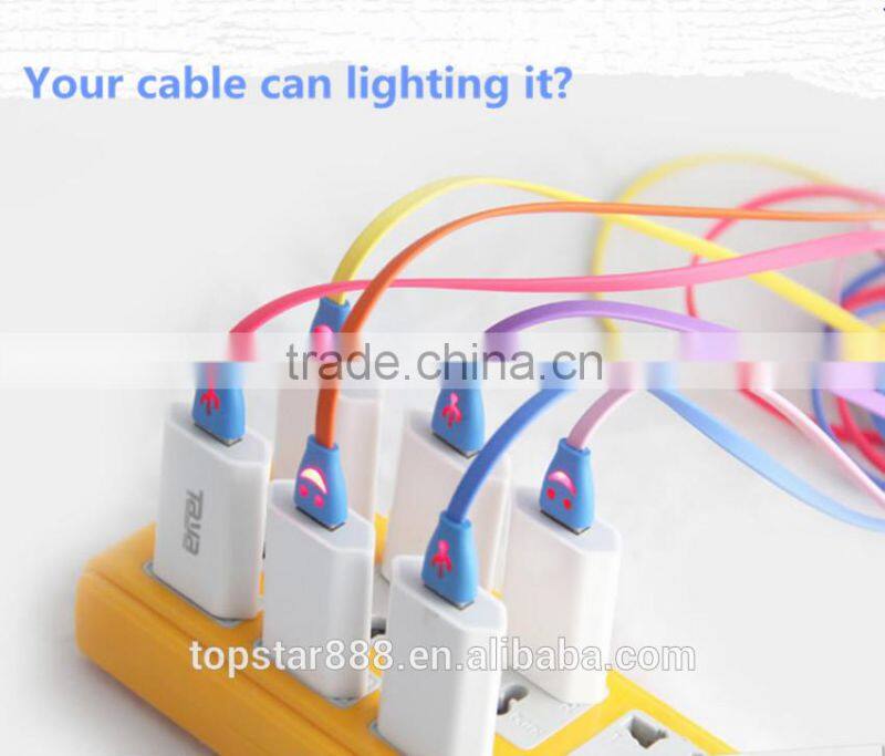 Flat Noodle LED Light Smile Face Data Cable USB for Micro Port ,For Samsung,htc,huawei ,Coolpad Ect