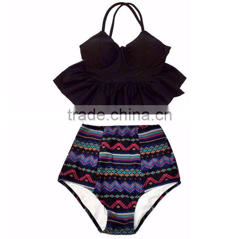 2016 New arrival two piece of custom made top quality retro high waist bikini set