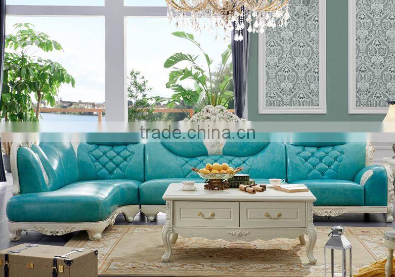 Graceful European style living room furniture solid wood lily carving leather corner sofa set