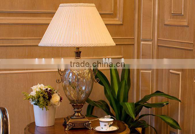 Olivary design clear glass body metal bottom fabric lampshade table lamp