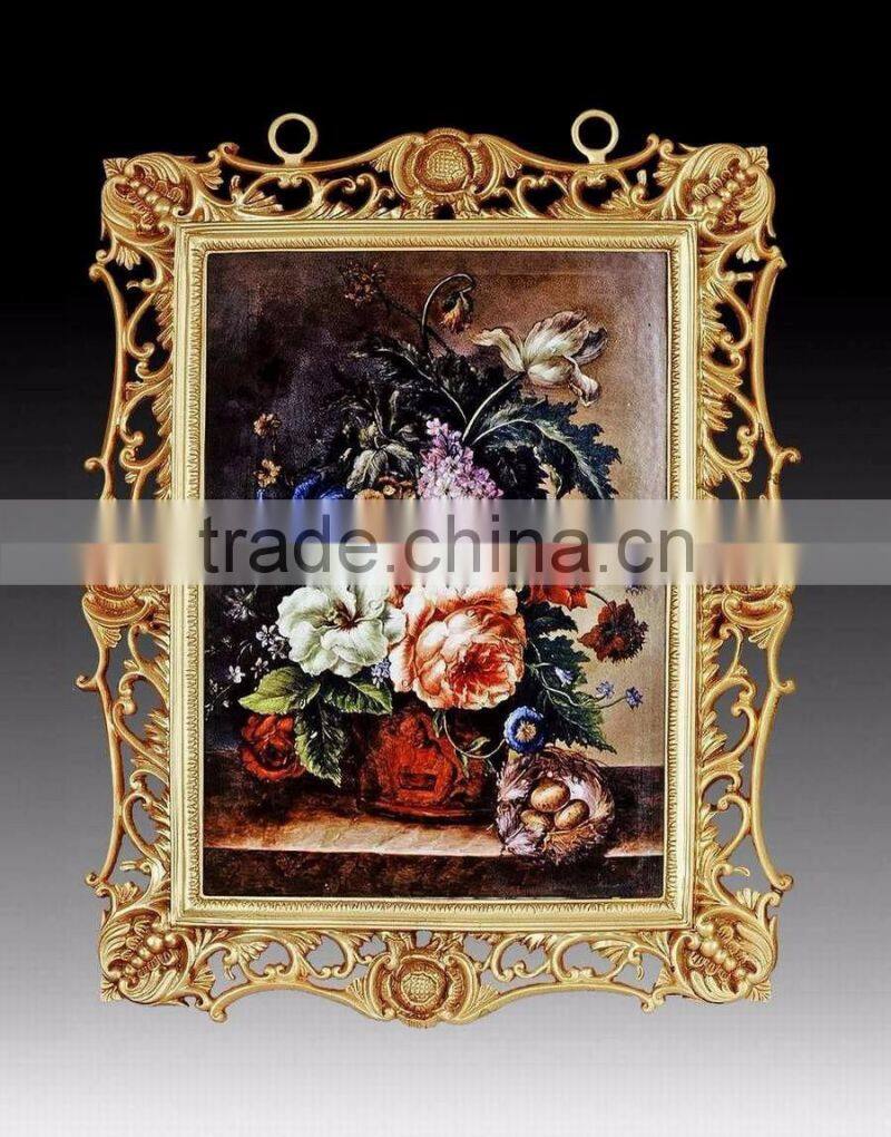 Antique Copper Frame Hand Painted Ceramic Floral Wall Hanging Mural