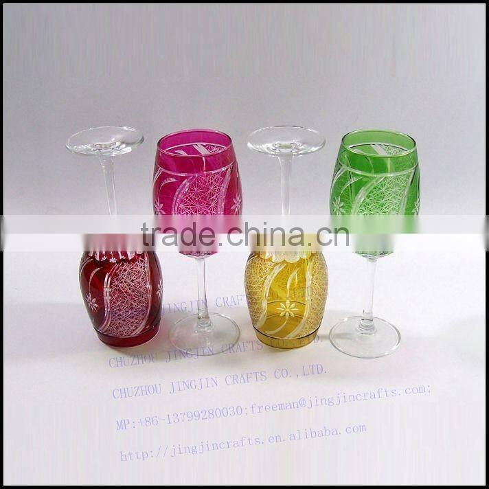 2017 China traditional made overlay etched pink wine glass