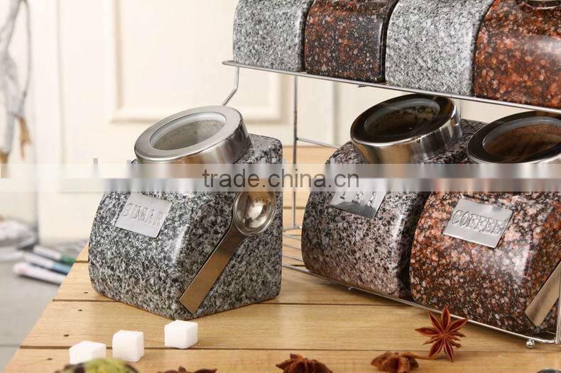 ceramic canister set with stainless metal spoon, lid & stand
