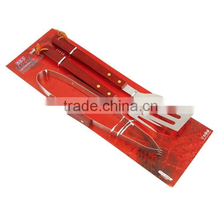 3pc stainless steel bbq tools set with red painted wood handle