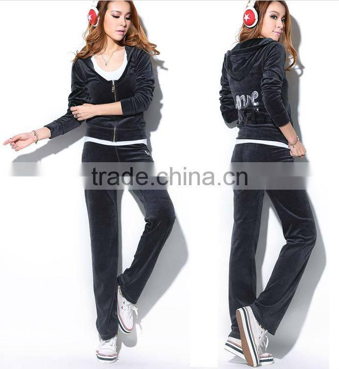 velvet long sleeve and pants training & jogging wear sets, women cotton hooded sweatshirt sets