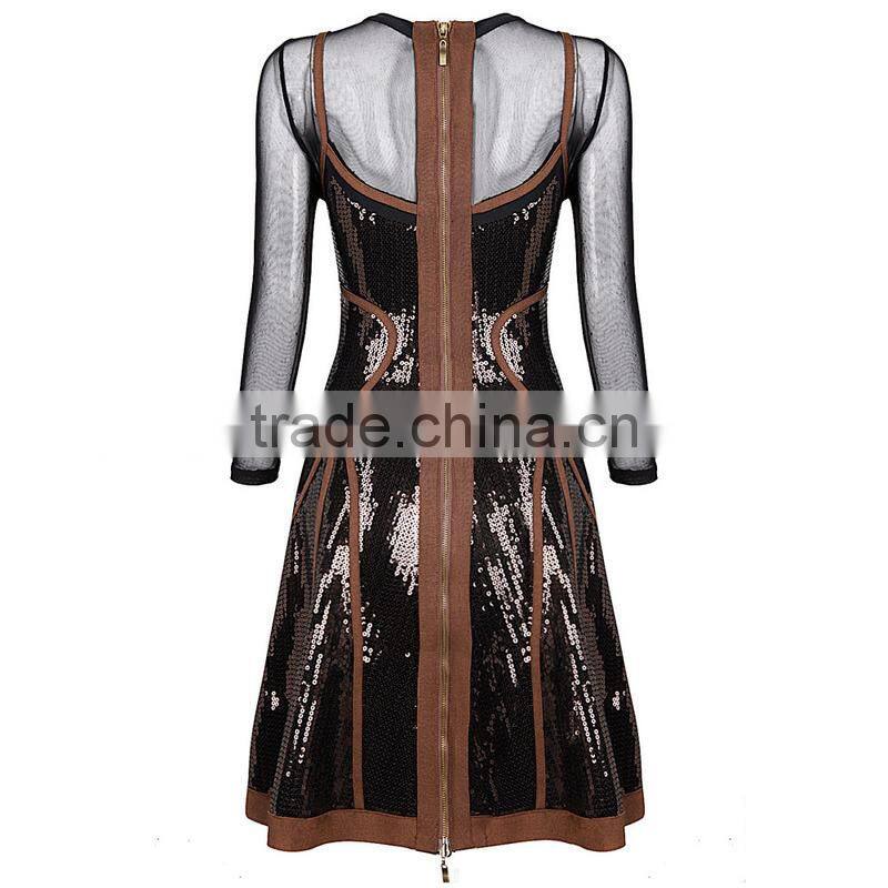 2015 High quality Round neck Long sleeve Knee length Celebrated dress with Mesh