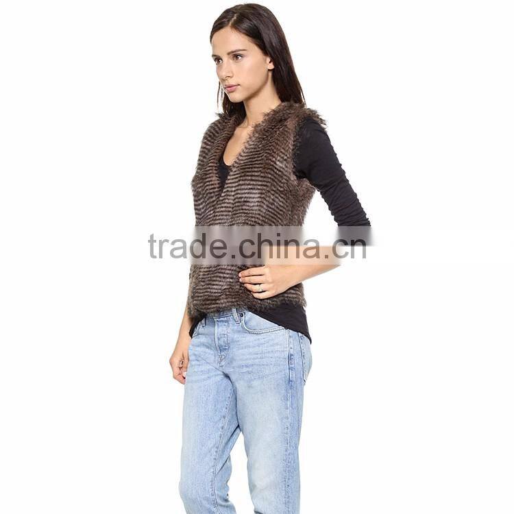 HAODUOYI Women Brown Gradient Oversized Stripe Faux Fur Waistcoat