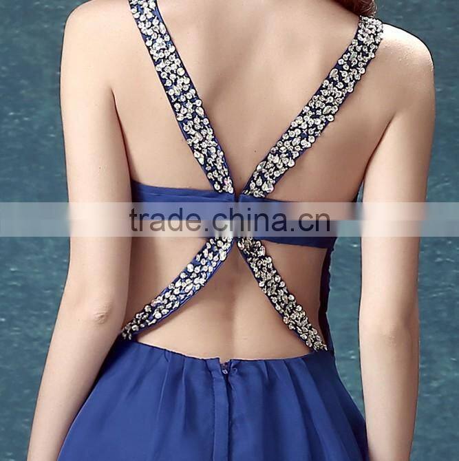 sexy criss cross strap chiffon casual navy blue evening dress