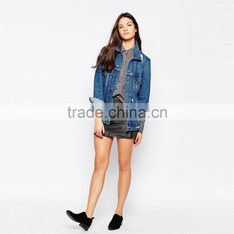 long style young girl ripped denim jacket women cheap