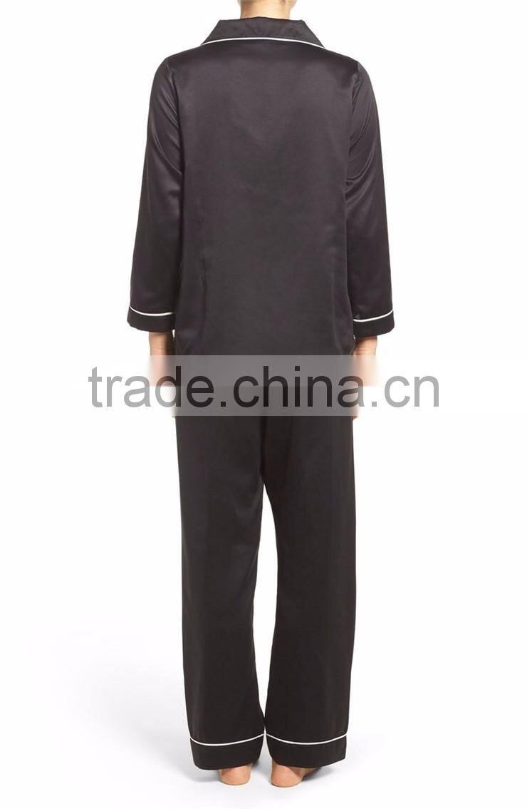 Women Plain Long Pajamas Set Black Satin Blank Pyjama Set Long Sleeve With Long Pants Nightwear