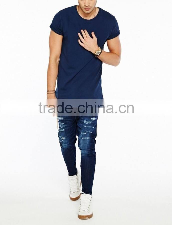 Mens Skinny Unique Design Zipper Blue Stretch Spandex Jeans Mid Waist Urban Style