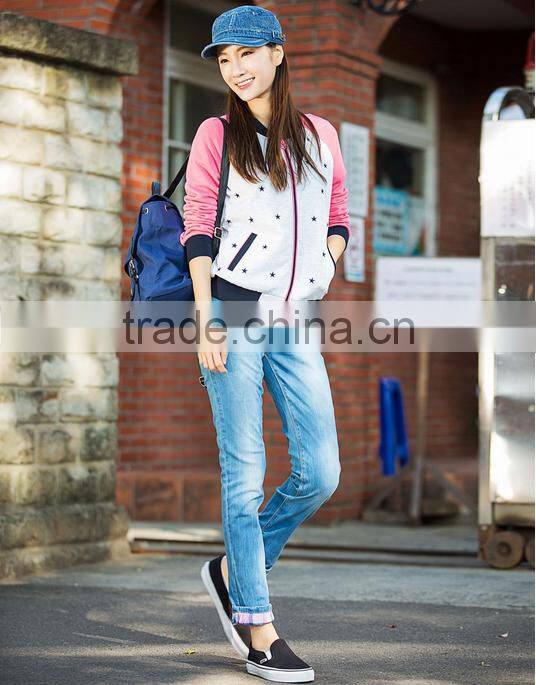 Light grey long-sleeved jacket pink baseball tide mode