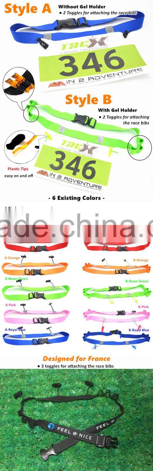 Customized Race Number Belt with Gel Holders - 6 belt colors - IronMan Triathlon Stretch Woven Logo Race Bibs Number Belt