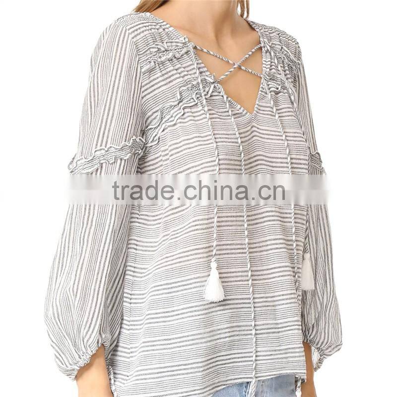 2017 OEM Femme Striped Gauze Tassel Girdle Holiday Blouses