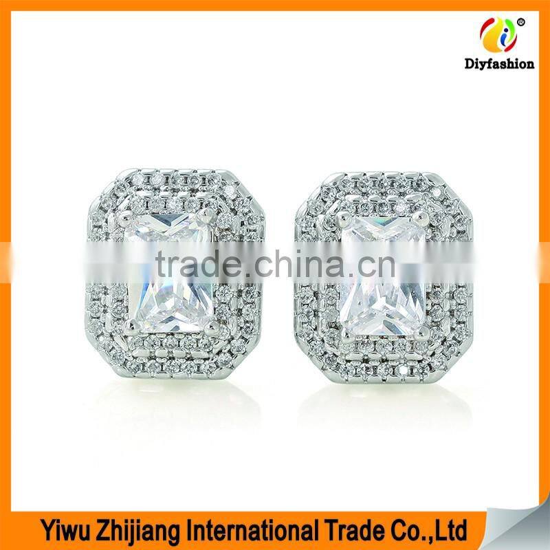 Double row diamond Rectangular Platinum plating zircon stud earring