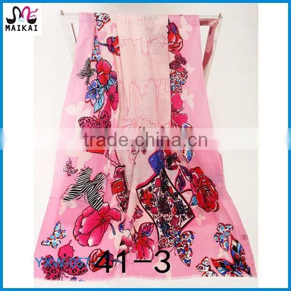 Soft blue floral printing natural 100% wool korea scarf