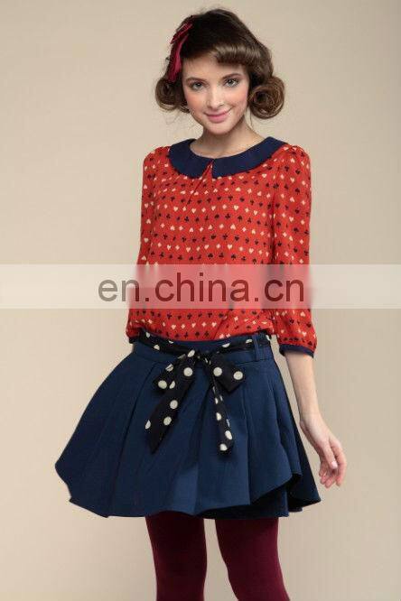 2013 ladies doll brought pattern printed two layers mini skirt suit with belt