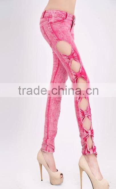 2016 Hot Sale Colored Bowknot Hollow-out design Women Skinny Denim Jeans