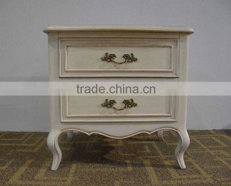 Vintage white french provincial antique furniture wooden beside table with 2 drawers