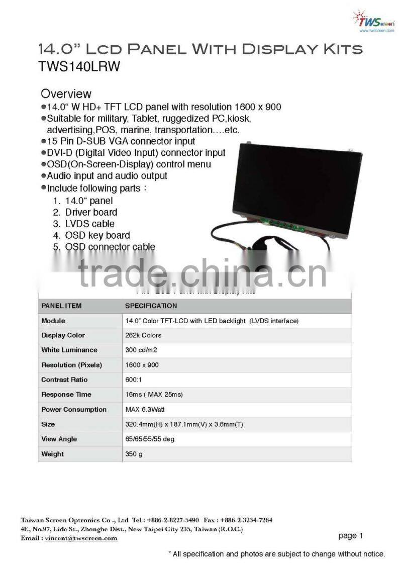 14.0" (1600 x 900) VGA, Led Backlight Tft Lcd laptop Module lcd with controller board kit