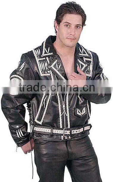 2015 New fashion Naked Leather Motorcycle Jacket with Indian Beading for mens motorbike leather jacket