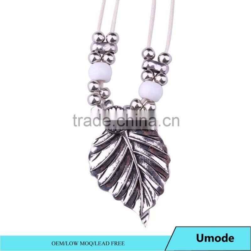 Vintage Ethnic Bohemian Leaf Charm Pendant Rope Chain Silver Necklace