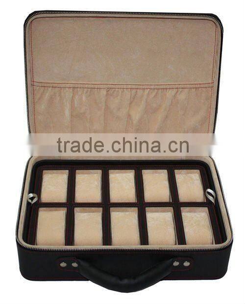 Elegant 10 piece black Leather portable watch box