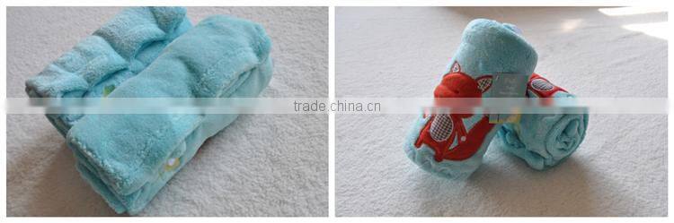 Animal Cartoon Embroidered Super Soft Solid Coral Fleece Baby Blanket