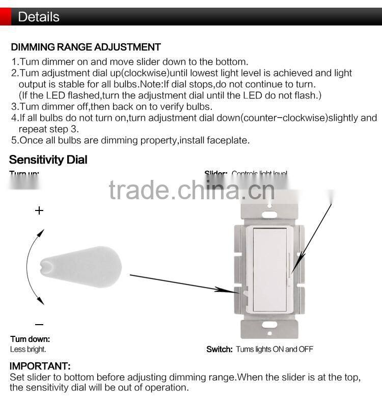 120v 60HZ single pole/three way decorator CFL/ led dimmer LED light switch with night light